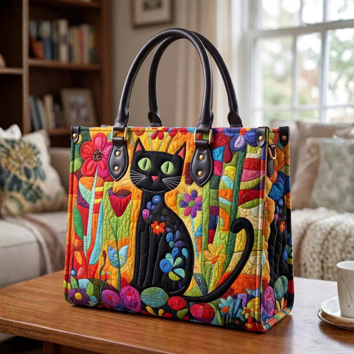 Stepptasche Schwarze Katze III – gesteppte Henkeltasche für Damen