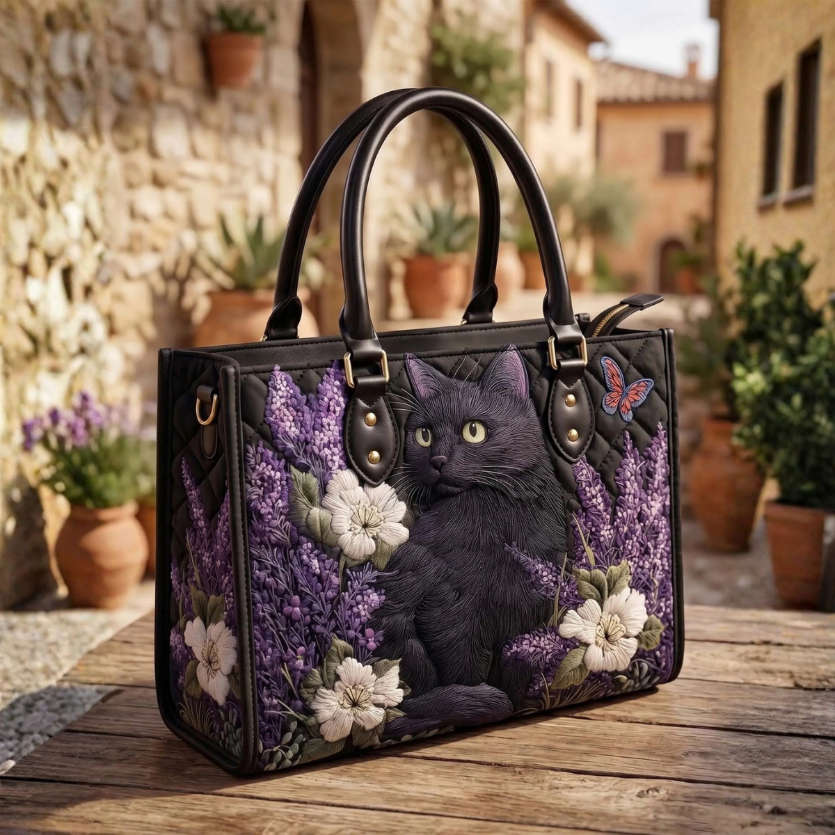 Stepptasche Schwarze Katze & Blume – gesteppte Henkeltasche für Damen