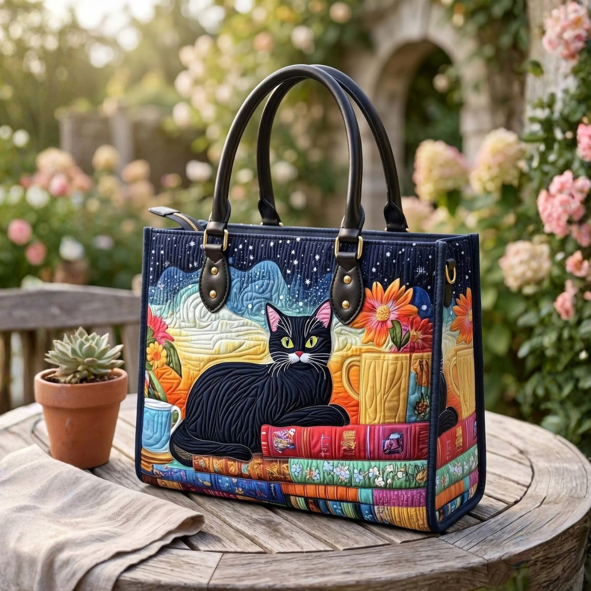 Stepptasche Schwarze Katze & Buch – gesteppte Henkeltasche für Damen