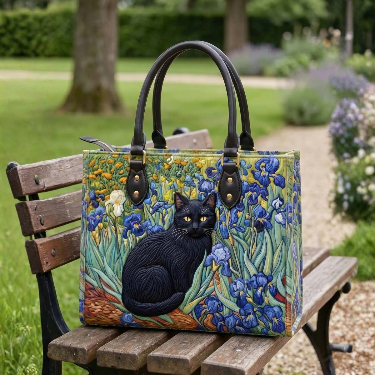Stepptasche Schwertlilien & Katze – gesteppte Henkeltasche für Damen