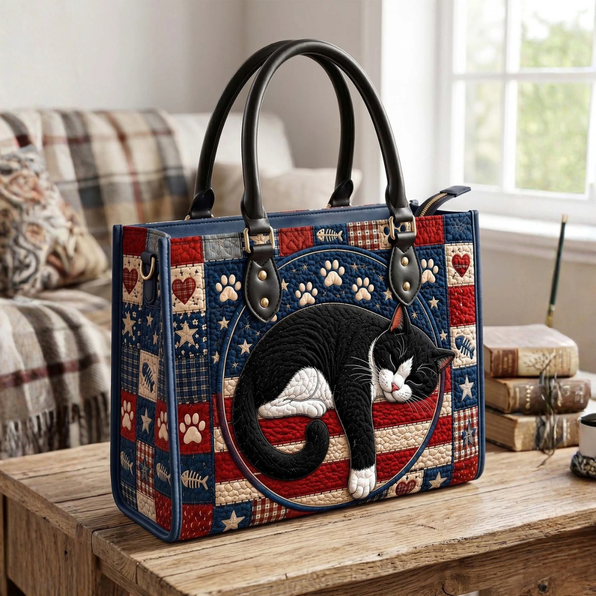 Stepptasche Sternenbanner Katzerl – gesteppte Henkeltasche für Damen