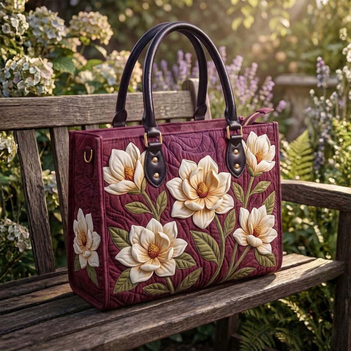 Stepptasche Weiße Magnolien – gesteppte Henkeltasche für Damen